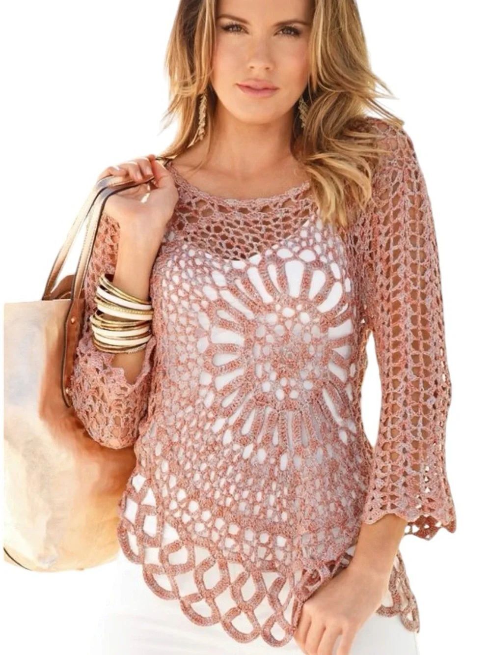 Tempo Paris Crochet Lace Tunic - Rose and metallic silver medium